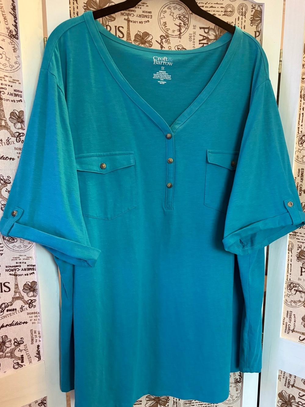 Croft & Barrow 3X Turquoise Roll Tab Henley Top | Dual Pocket Blouse - Picture 8 of 8